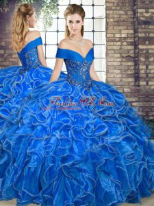 Dazzling Royal Blue Ball Gowns Organza Off The Shoulder Sleeveless Beading and Ruffles Floor Length Lace Up Quinceanera Gowns