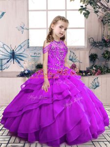 Stunning Floor Length Ball Gowns Sleeveless Purple Little Girl Pageant Dress Lace Up