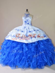 Royal Blue Ball Gowns Organza Halter Top Sleeveless Embroidery and Ruffles Lace Up Ball Gown Prom Dress Court Train