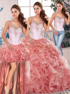 Comfortable Watermelon Red Three Pieces Organza Scoop Sleeveless Beading and Ruffles Floor Length Clasp Handle Ball Gown Prom Dress