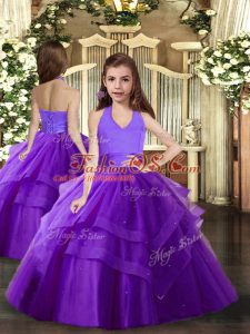 Halter Top Sleeveless Lace Up Little Girl Pageant Gowns Purple Tulle