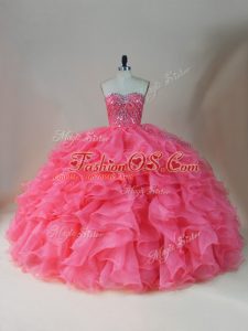 Pink Ball Gowns Organza Sweetheart Sleeveless Beading and Ruffles Floor Length Zipper 15 Quinceanera Dress