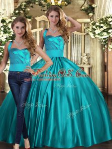 Pretty Teal Satin Lace Up Quinceanera Dress Sleeveless Floor Length Ruching