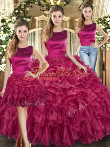 Romantic Sleeveless Floor Length Ruffles Lace Up Quince Ball Gowns with Fuchsia