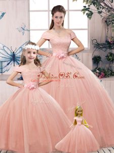 Flirting Pink Sweet 16 Quinceanera Dress Military Ball and Sweet 16 and Quinceanera with Lace and Hand Made Flower Off The Shoulder Short Sleeves Lace Up