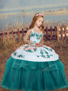Fantastic Sleeveless Tulle Floor Length Lace Up Child Pageant Dress in Teal with Embroidery