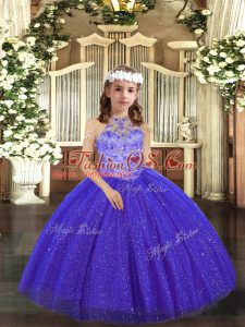 Glorious Royal Blue Ball Gowns Halter Top Sleeveless Tulle Floor Length Lace Up Beading Child Pageant Dress