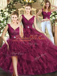 Burgundy V-neck Backless Beading and Ruffles Quinceanera Gown Sleeveless
