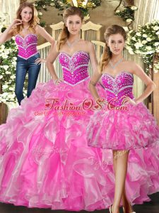 Floor Length Rose Pink Sweet 16 Dress Organza Sleeveless Beading and Ruffles