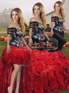 Super Floor Length Lace Up Quinceanera Dress Red And Black for Military Ball and Sweet 16 and Quinceanera with Embroidery and Ruffles