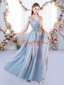 Grey Empire Chiffon V-neck Sleeveless Belt Floor Length Lace Up Damas Dress
