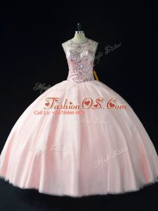 Floor Length Lace Up 15th Birthday Dress Pink for Sweet 16 and Quinceanera with Beading