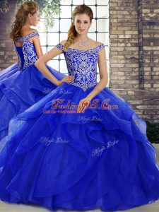 Brush Train Ball Gowns Quinceanera Dresses Royal Blue Off The Shoulder Tulle Sleeveless Lace Up