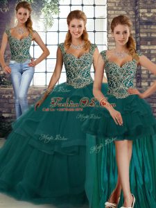 Floor Length Three Pieces Sleeveless Peacock Green Sweet 16 Quinceanera Dress Lace Up