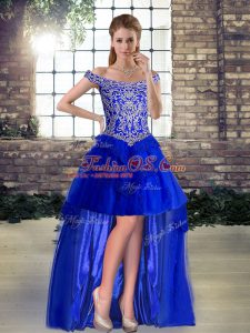 Latest Royal Blue Lace Up Off The Shoulder Beading and Lace Tulle Sleeveless