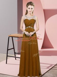 Brown Empire Chiffon Scoop Sleeveless Beading and Ruching Floor Length Backless Evening Party Dresses