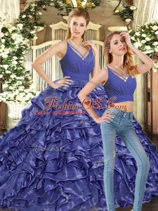 Lavender Ball Gown Prom Dress Sweet 16 and Quinceanera with Ruffles V-neck Sleeveless Brush Train Backless