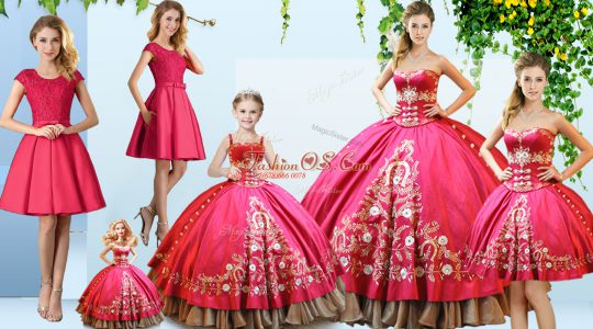 Elegant Hot Pink Satin Lace Up Quinceanera Gown Sleeveless Floor Length Embroidery