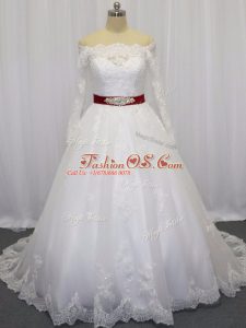 Gorgeous White Long Sleeves Beading and Lace and Belt Clasp Handle Bridal Gown