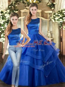 Spectacular Scoop Sleeveless Tulle Quinceanera Gown Ruffled Layers Lace Up