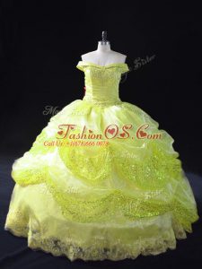 New Style Off The Shoulder Sleeveless Lace Up Sweet 16 Dress Yellow Green Organza