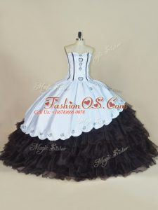 White And Black Column/Sheath Embroidery and Ruffled Layers Quinceanera Gowns Lace Up Satin and Organza Sleeveless Floor Length