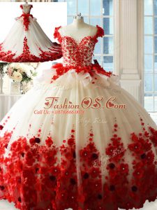 Glittering Scoop Sleeveless Quinceanera Dresses Brush Train Hand Made Flower White And Red Tulle
