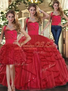 Excellent Red Three Pieces Tulle Straps Sleeveless Ruffles Floor Length Lace Up Ball Gown Prom Dress