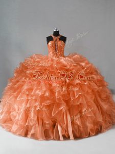 Beautiful Organza Sleeveless Sweet 16 Dresses Brush Train and Beading and Ruffles