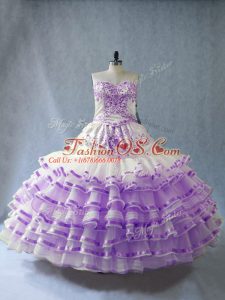 High Quality White And Purple Organza Lace Up Sweet 16 Dress Sleeveless Floor Length Embroidery and Ruffled Layers and Bowknot