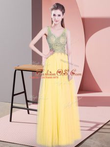 Top Selling Floor Length Gold Prom Party Dress Tulle Sleeveless Beading