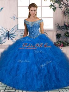 Blue Off The Shoulder Neckline Beading and Ruffles Quinceanera Gowns Sleeveless Lace Up