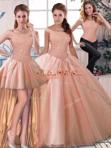 Tulle Off The Shoulder Sleeveless Brush Train Lace Up Beading Sweet 16 Quinceanera Dress in Peach