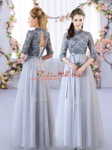 New Arrival Grey Half Sleeves Floor Length Appliques Lace Up Quinceanera Court Dresses