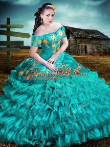 Custom Made Floor Length Lace Up Quinceanera Gown Turquoise for Sweet 16 and Quinceanera with Embroidery and Ruffles