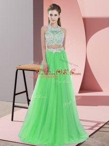 Glittering Tulle Halter Top Sleeveless Zipper Lace Damas Dress in Green