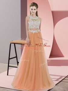 Orange Tulle Zipper Halter Top Sleeveless Floor Length Bridesmaid Dresses Lace