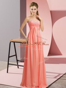 Watermelon Red Empire Halter Top Sleeveless Chiffon Floor Length Lace Up Beading Formal Evening Gowns