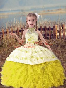 Most Popular Gold Ball Gowns Halter Top Sleeveless Organza Floor Length Lace Up Beading and Embroidery and Ruffles Child Pageant Dress