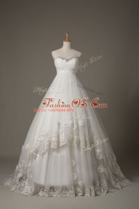 Sleeveless Beading and Lace and Hand Made Flower Lace Up Wedding Gown with White Court Train