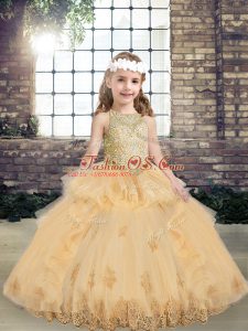 Gorgeous Appliques Little Girl Pageant Gowns Champagne Lace Up Sleeveless Floor Length