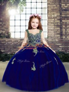 Royal Blue Girls Pageant Dresses Party and Military Ball and Wedding Party with Appliques Straps Sleeveless Lace Up