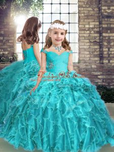 Hot Sale Aqua Blue Sleeveless Organza Lace Up Kids Pageant Dress for Party and Wedding Party