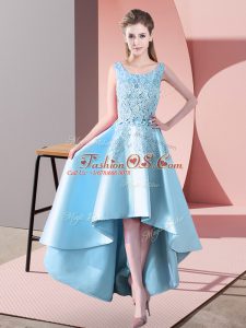 Beautiful Aqua Blue A-line Lace Bridesmaid Dresses Zipper Satin Sleeveless High Low