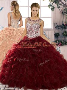 Burgundy Sleeveless Floor Length Beading and Ruffles Lace Up Vestidos de Quinceanera