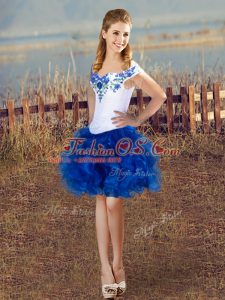 Dazzling Mini Length Blue And White Homecoming Dress Organza Sleeveless Embroidery and Ruffles