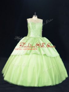 Admirable Floor Length Yellow Green Sweet 16 Quinceanera Dress Scoop Sleeveless Lace Up