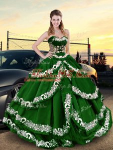 Top Selling Dark Green Ball Gowns Satin Sweetheart Sleeveless Appliques and Ruffled Layers Floor Length Lace Up Sweet 16 Dress