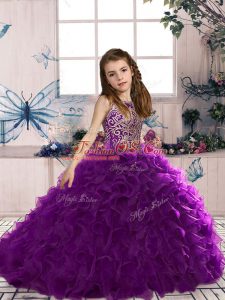 Scoop Sleeveless Organza Little Girls Pageant Gowns Beading and Ruffles Lace Up