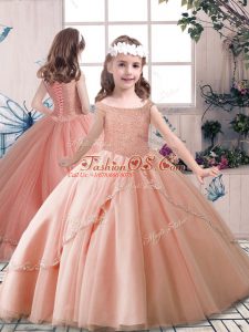 Excellent Peach Ball Gowns Off The Shoulder Sleeveless Tulle Floor Length Lace Up Beading Pageant Gowns For Girls